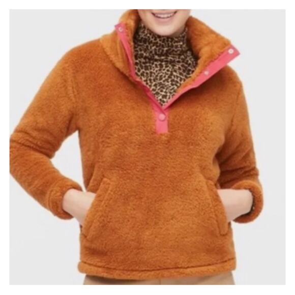 J Crew Factory AP705 Brown Sherpa Pink Trim Pullover Teddy Bear Jacket M - Picture 1 of 9